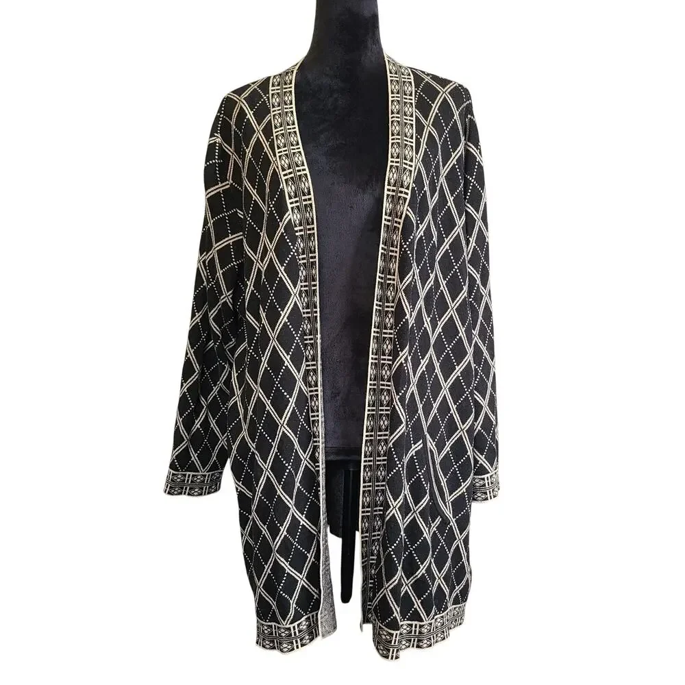 Susan Graver Cardigan Womens 2X Black White Diamond Geometric Knit Monochrome - Picture 1 of 11